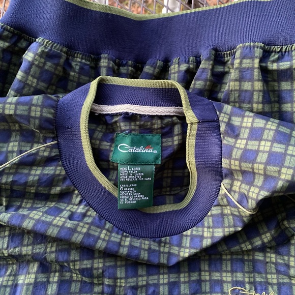 Catalina Nylon Navy Blue and Olive Green Plaid Vintage Windbreaker Size Large - Picture 3 of 17